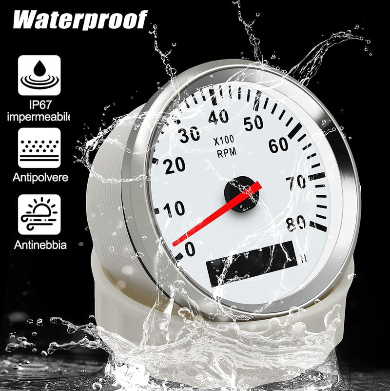 Geloo 85mm Boat Tachometer - Marine RPM Tachometer for Outboard Engine, 0-8000 RPM Tacho Meter with Hour Meter, RED Blacklight, 12V 24V - Image 2