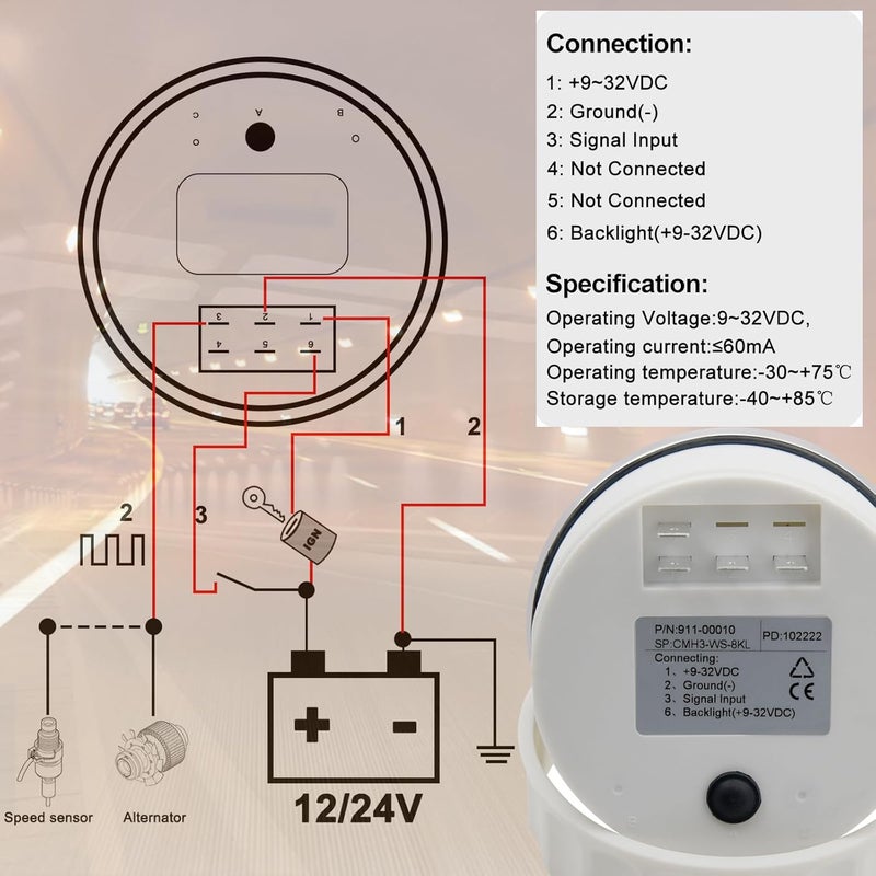 Geloo 85mm Boat Tachometer - Marine RPM Tachometer for Outboard Engine, 0-8000 RPM Tacho Meter with Hour Meter, RED Blacklight, 12V 24V - Image 3