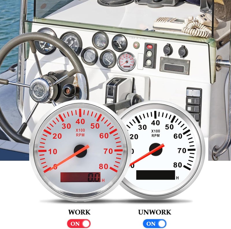 Geloo 85mm Boat Tachometer - Marine RPM Tachometer for Outboard Engine, 0-8000 RPM Tacho Meter with Hour Meter, RED Blacklight, 12V 24V - Image 4