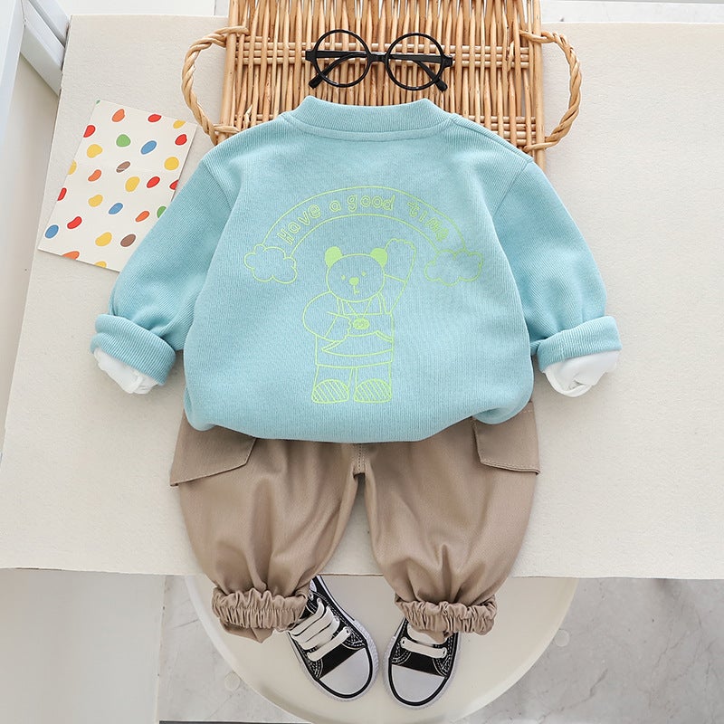 Autumn Children's Wear Boy Labeled Triangle Cardigan Casual Children's Baby Spring Korean Solid Color Long Sleeve Small and Medium-sized Children's Three Pieces - Image 5