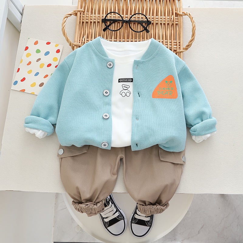 Autumn Children's Wear Boy Labeled Triangle Cardigan Casual Children's Baby Spring Korean Solid Color Long Sleeve Small and Medium-sized Children's Three Pieces - Image 2