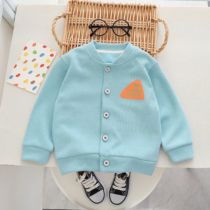Autumn Children's Wear Boy Labeled Triangle Cardigan Casual Children's Baby Spring Korean Solid Color Long Sleeve Small and Medium-sized Children's Three Pieces - Image 3
