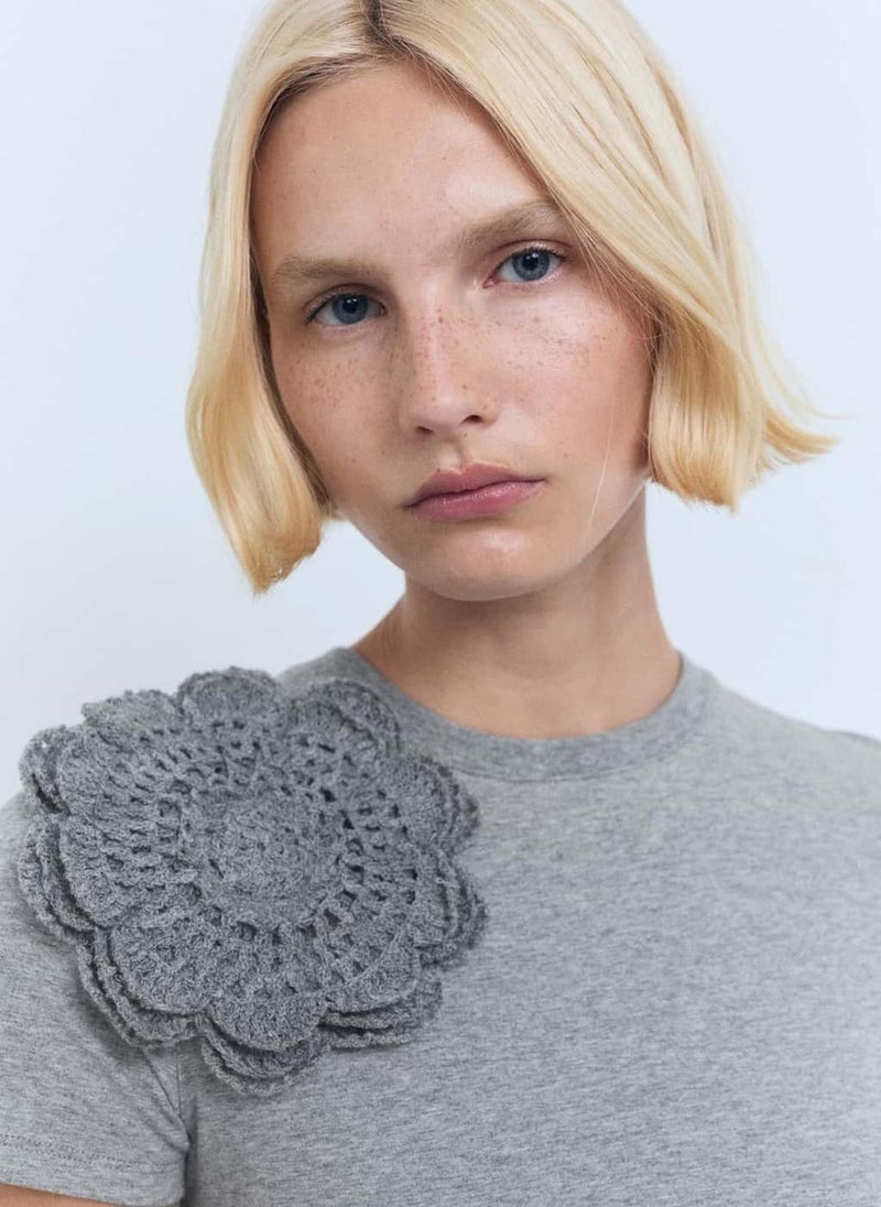 MANGO Crochet Cotton T-Shirt With Flower  - Image 3