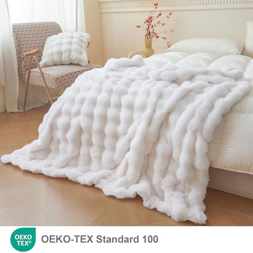 LIFEREVO Luxury Fluffy Faux Rabbit Fur Throw Plush Fuzzy Bubble Blanket for Couch Sofa Soft Cute Furry Bed Blanket Home Decoration Shaggy Lap Throw for Bedroom Living Room Office 50x60 White - Image 3