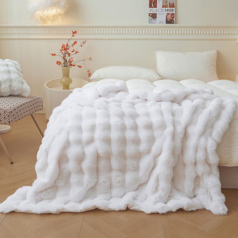 LIFEREVO Luxury Fluffy Faux Rabbit Fur Throw Plush Fuzzy Bubble Blanket for Couch Sofa Soft Cute Furry Bed Blanket Home Decoration Shaggy Lap Throw for Bedroom Living Room Office 50x60 White - Image 2