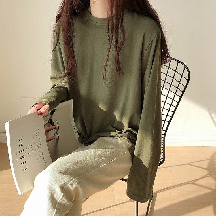 K-Style of Multi-Color Preppy Style Loose T-Shirt for Women 2025 Spring & Fall New Long-Sleeved Inner Round Neck T-Shirt Trbottomy - Image 3
