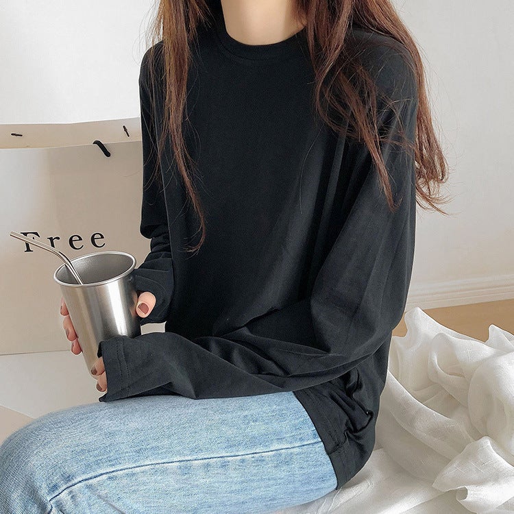 K-Style of Multi-Color Preppy Style Loose T-Shirt for Women 2025 Spring & Fall New Long-Sleeved Inner Round Neck T-Shirt Trbottomy - Image 2
