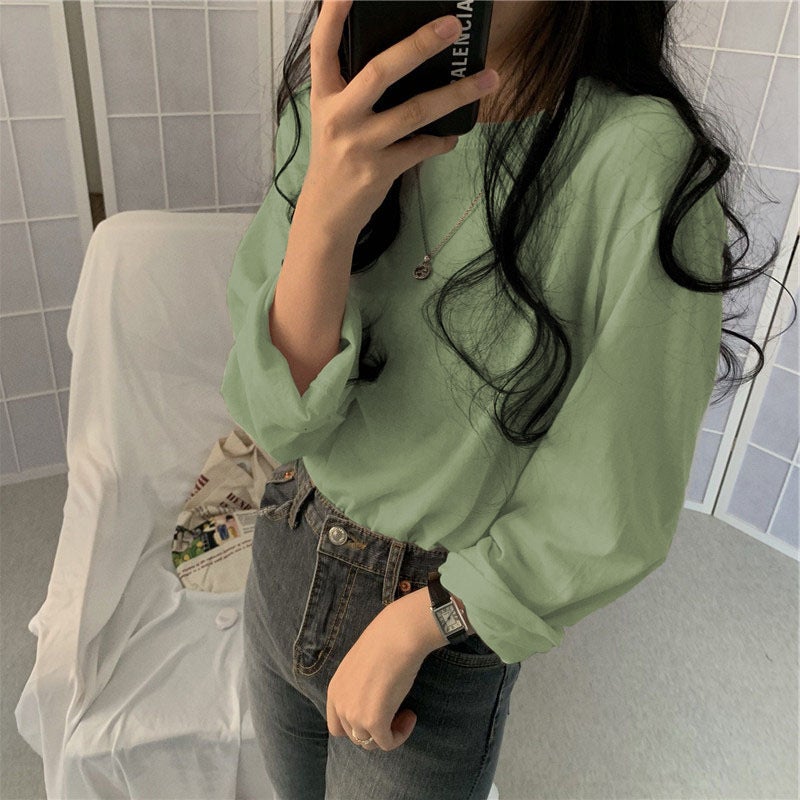 K-Style of Multi-Color Preppy Style Loose T-Shirt for Women 2025 Spring & Fall New Long-Sleeved Inner Round Neck T-Shirt Trbottomy - Image 1