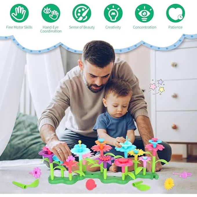 FLOWER GARDEN BUILDING SET, 46 PCS FLOWER GARDEN BUILDING TOYS FOR GIRLS, STEM GARDENING PRETEND PLAY SET, STACKING GAME FOR TODDLERS AND PRESCHOOLERS, AGES 3-8 YEARS - Image 4
