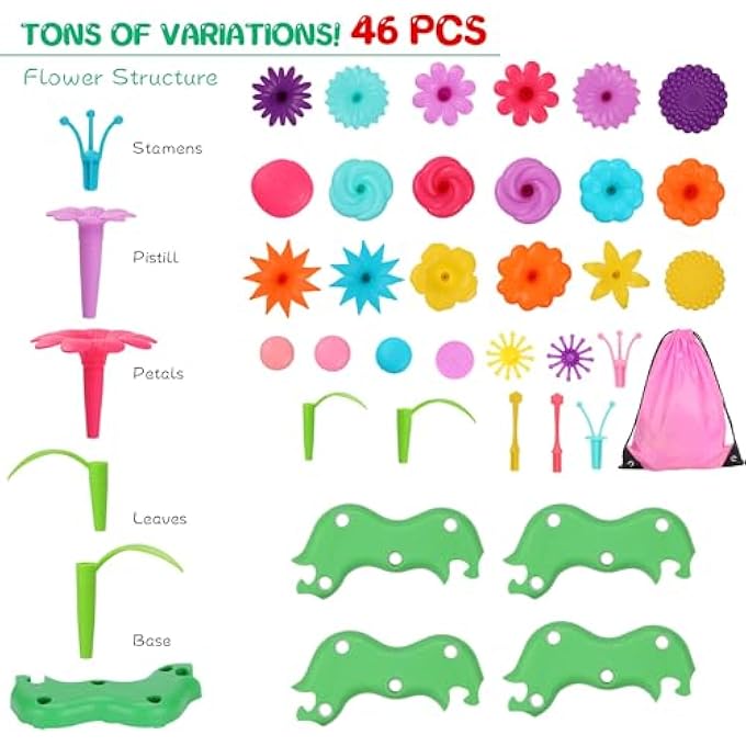 FLOWER GARDEN BUILDING SET, 46 PCS FLOWER GARDEN BUILDING TOYS FOR GIRLS, STEM GARDENING PRETEND PLAY SET, STACKING GAME FOR TODDLERS AND PRESCHOOLERS, AGES 3-8 YEARS - Image 3