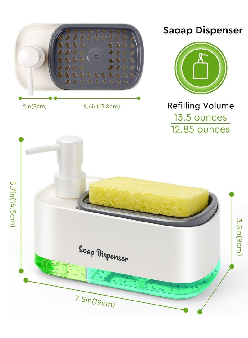 Hand and Dish Soap Dispenser Set for Kitchen, Dual Soap Pump Dispenser with Sponge Holder, Kitchen Countertop Sink Organizer