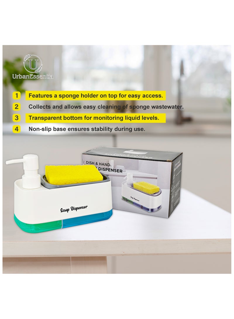 Hand and Dish Soap Dispenser Set for Kitchen, Dual Soap Pump Dispenser with Sponge Holder, Kitchen Countertop Sink Organizer