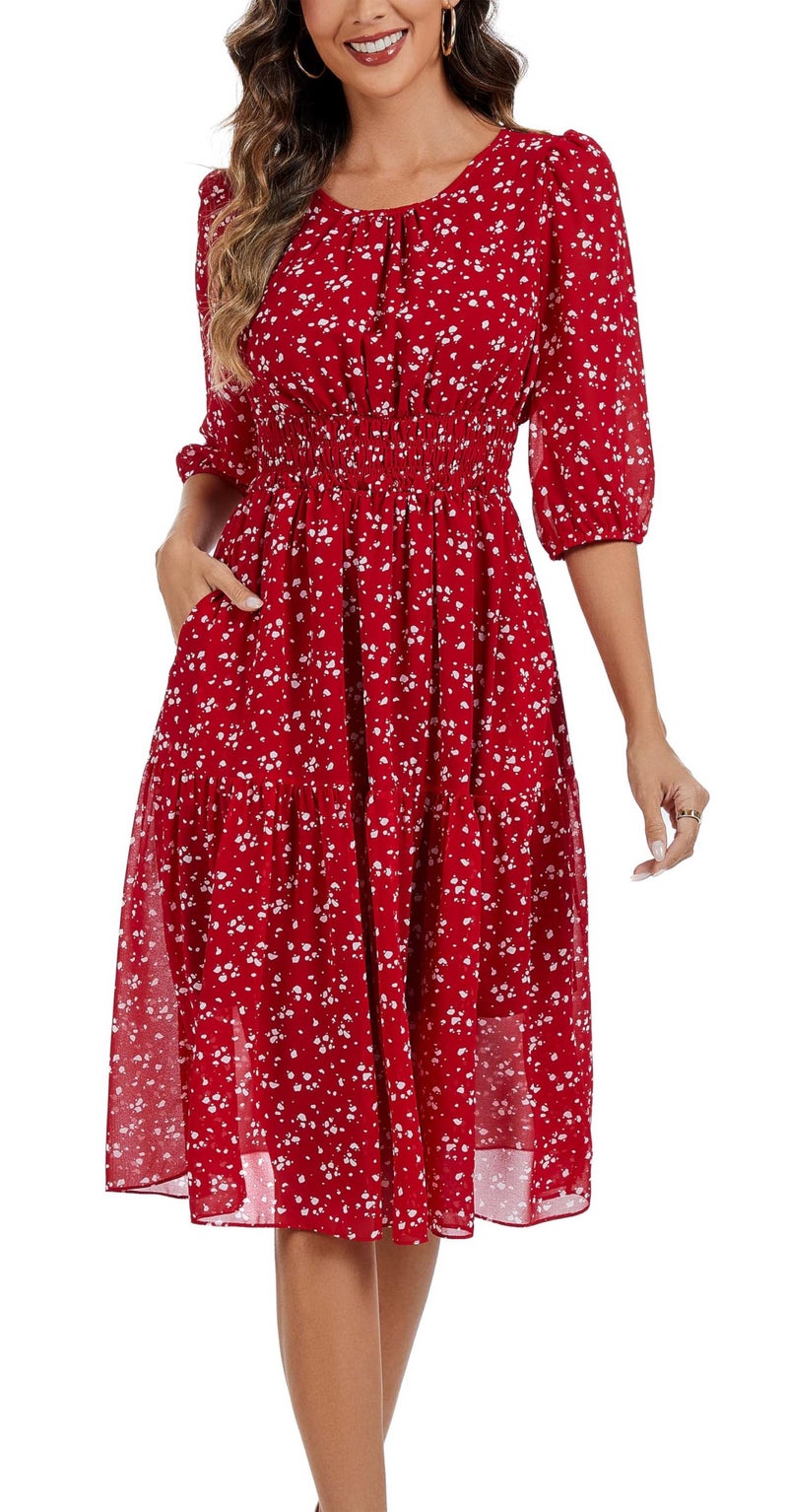 Kormei Women Summer Casual Boho Floral Round Neck 3/4 Sleeve Smocked Waist Tiered Flowy Swing Midi Dress L Chiffon Red Dots - Image 1