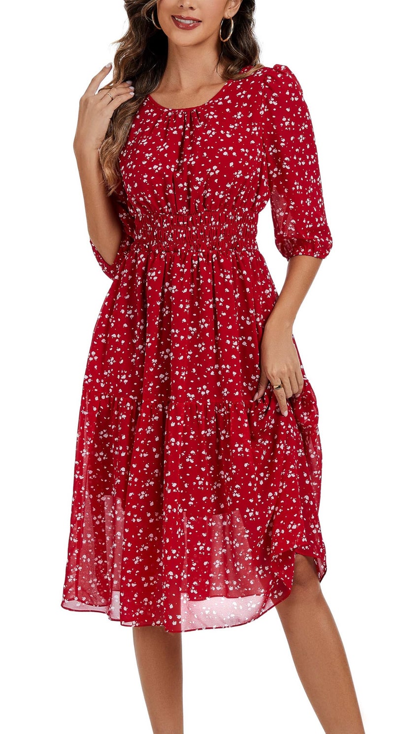 Kormei Women Summer Casual Boho Floral Round Neck 3/4 Sleeve Smocked Waist Tiered Flowy Swing Midi Dress L Chiffon Red Dots - Image 3