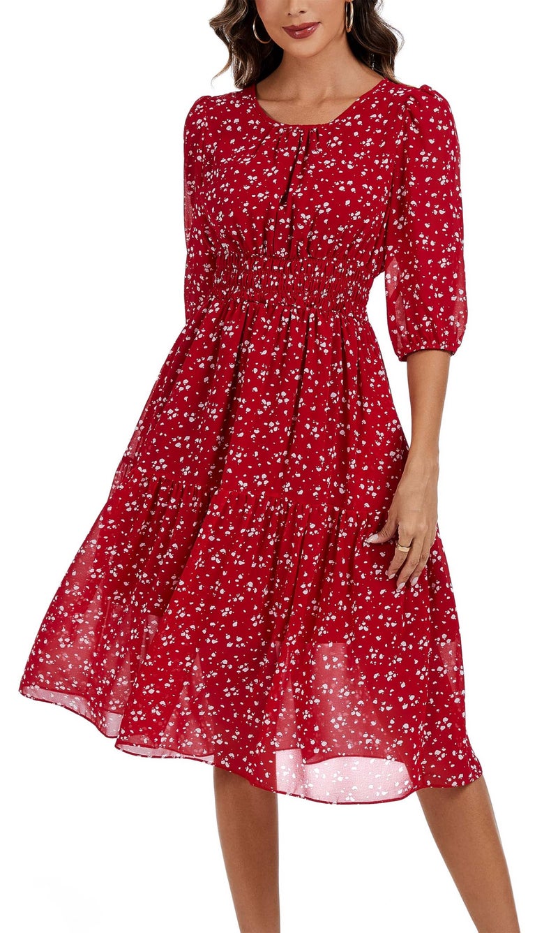 Kormei Women Summer Casual Boho Floral Round Neck 3/4 Sleeve Smocked Waist Tiered Flowy Swing Midi Dress L Chiffon Red Dots - Image 2