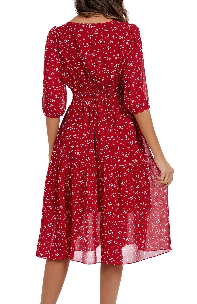 Kormei Women Summer Casual Boho Floral Round Neck 3/4 Sleeve Smocked Waist Tiered Flowy Swing Midi Dress L Chiffon Red Dots - Image 5