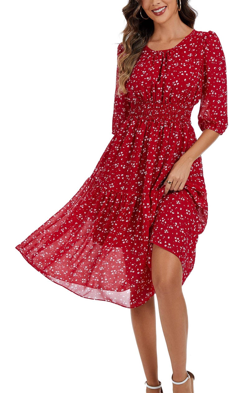 Kormei Women Summer Casual Boho Floral Round Neck 3/4 Sleeve Smocked Waist Tiered Flowy Swing Midi Dress L Chiffon Red Dots - Image 4