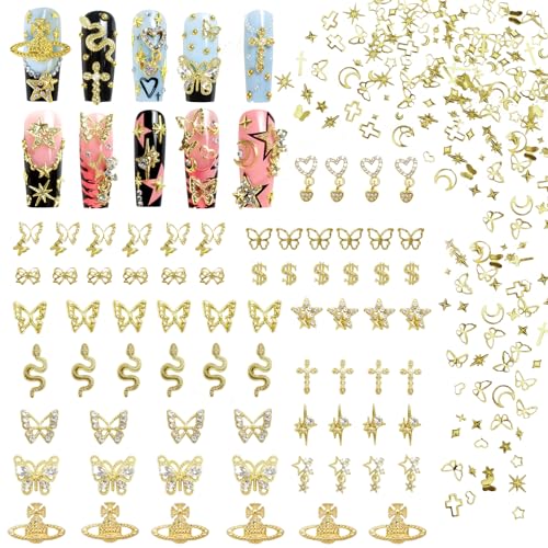 Laza 370pcs Gold Nail Charms Y2k Alloy Nail Art Charms 3D Love Snake Butterfly Pendant Nail Rhinestones Gothic Gold Multi-Shapes Metallic Studs Nail Art Jewelry Crystal Glitter for Nail Design - Image 1