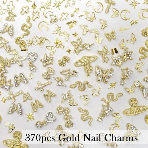 Laza 370pcs Gold Nail Charms Y2k Alloy Nail Art Charms 3D Love Snake Butterfly Pendant Nail Rhinestones Gothic Gold Multi-Shapes Metallic Studs Nail Art Jewelry Crystal Glitter for Nail Design - Image 2