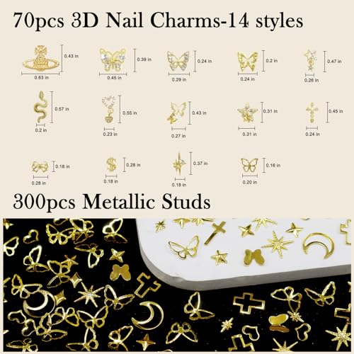 Laza 370pcs Gold Nail Charms Y2k Alloy Nail Art Charms 3D Love Snake Butterfly Pendant Nail Rhinestones Gothic Gold Multi-Shapes Metallic Studs Nail Art Jewelry Crystal Glitter for Nail Design - Image 3