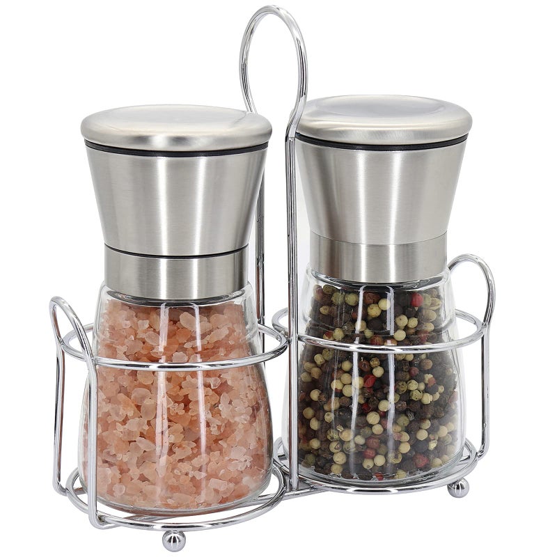 Premium Stainless Steel Salt and Pepper Grinder Set  Short Glass Shaker Pepper Mill  Salt Mill with Adjustable Coarseness Refillable for Himalayan or Sea Salt Black Peppercorn with Bonus Stand