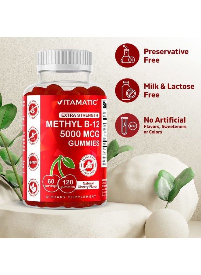 Vitamatic Extra Strength Vitamin B12 5000 mcg (Methyl B12) Gummies - 120 Count - Energy Metabolism Support and Nervous System Health Support, Natural Cherry Flavored (1) - Image 3
