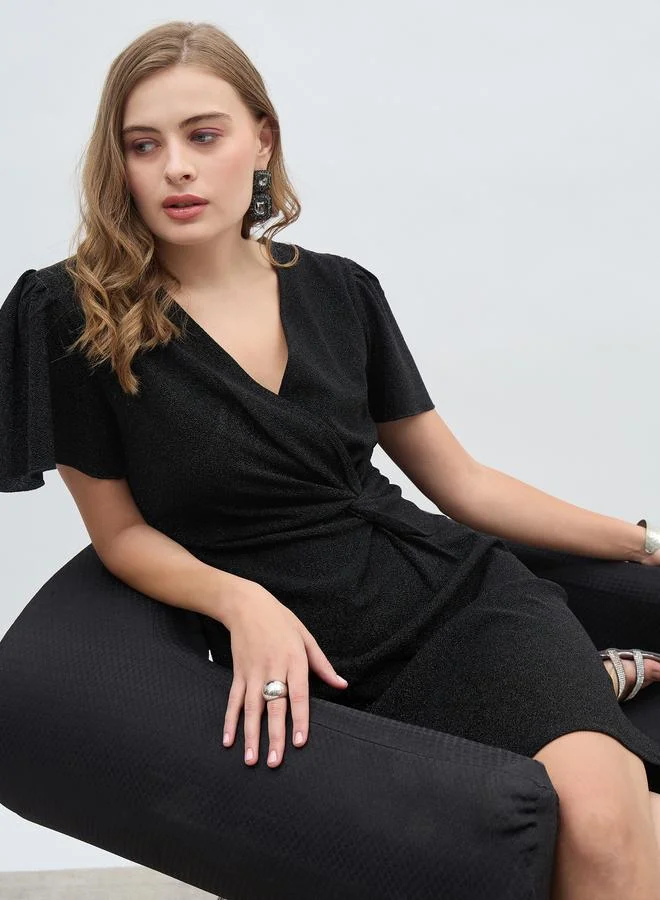 Styli Styli Women Black Shimmer Twist Front Sheath Knee Length Dress with Flared Sleeves
