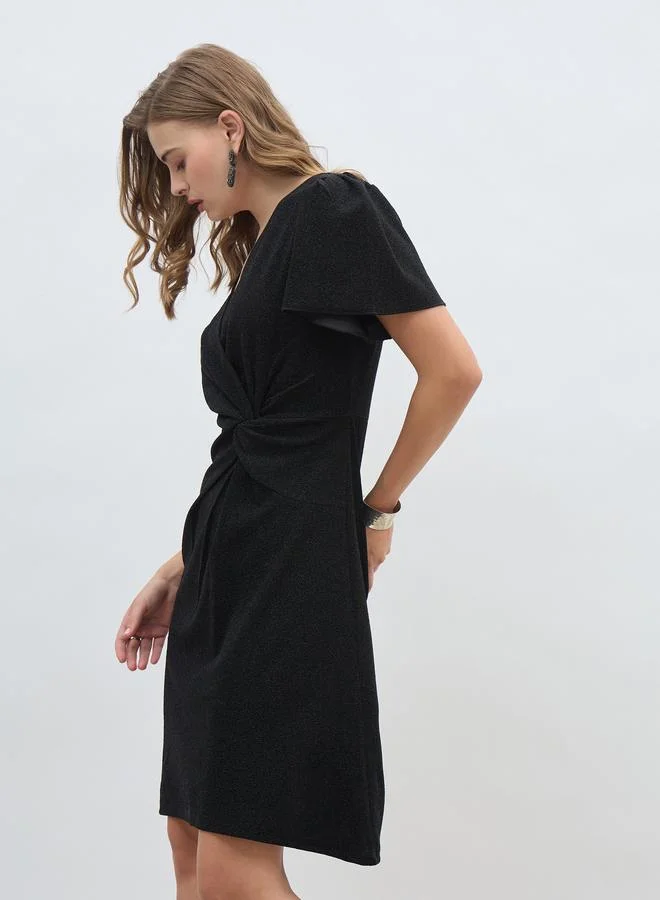 Styli Styli Women Black Shimmer Twist Front Sheath Knee Length Dress with Flared Sleeves