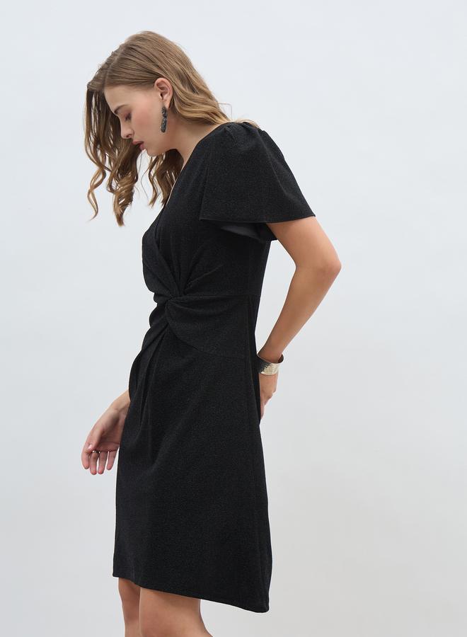 Styli Styli Women Black Shimmer Twist Front Sheath Knee Length Dress with Flared Sleeves  - Image 3