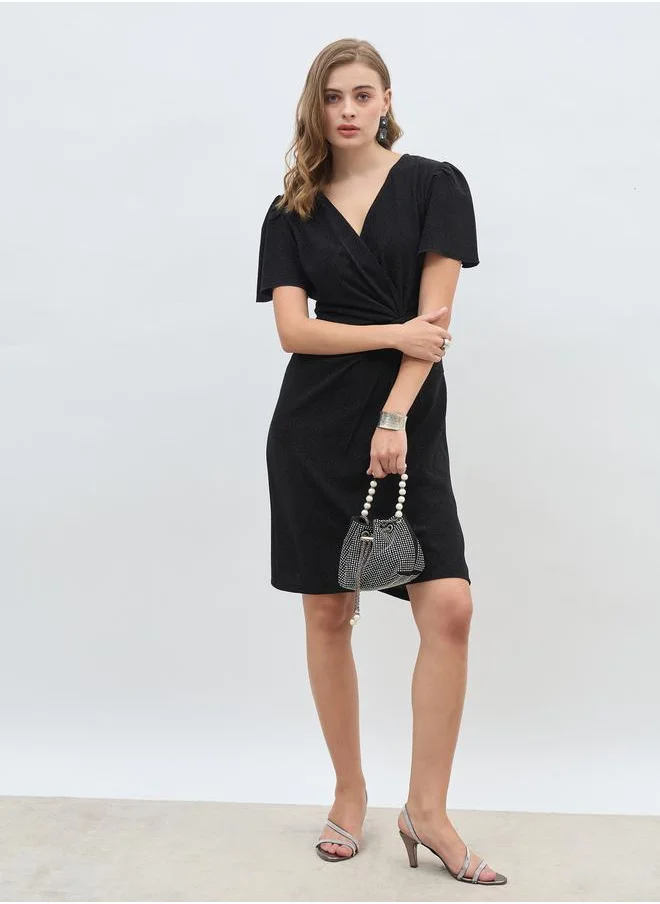 ستايلي Styli Women Black Shimmer Twist Front Sheath Knee Length Dress with Flared Sleeves