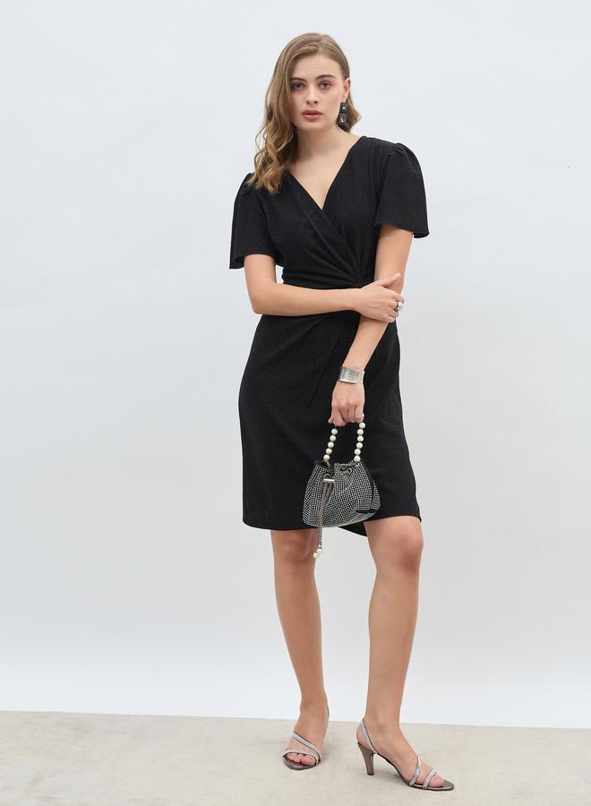 Styli Styli Women Black Shimmer Twist Front Sheath Knee Length Dress with Flared Sleeves  - Image 1