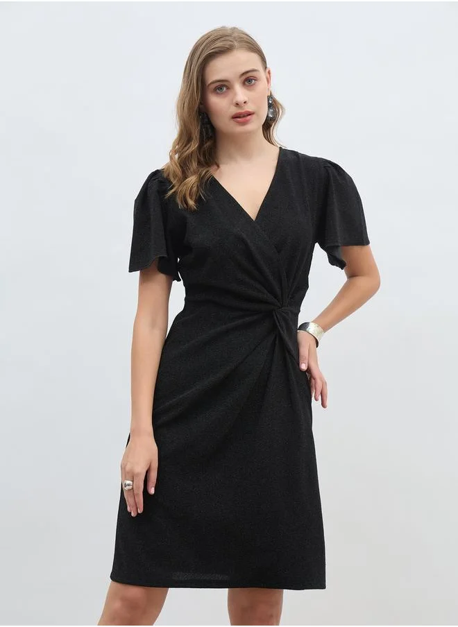 ستايلي Styli Women Black Shimmer Twist Front Sheath Knee Length Dress with Flared Sleeves