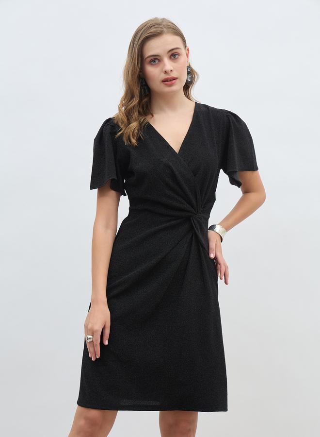 Styli Styli Women Black Shimmer Twist Front Sheath Knee Length Dress with Flared Sleeves  - Image 2