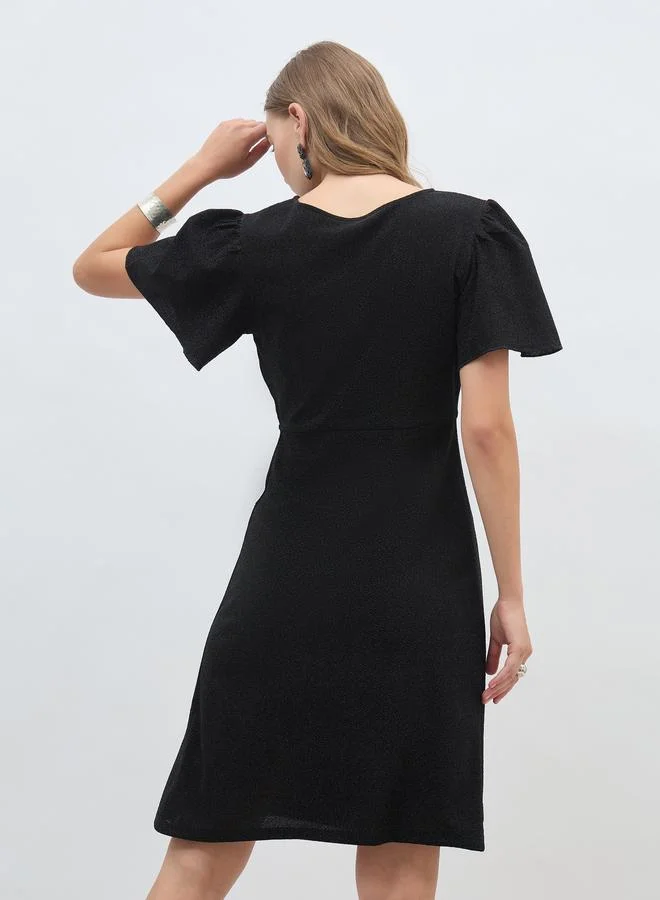 Styli Styli Women Black Shimmer Twist Front Sheath Knee Length Dress with Flared Sleeves