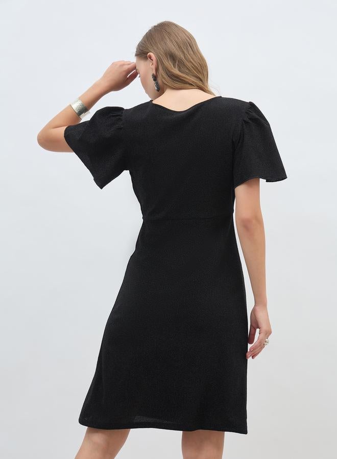 Styli Styli Women Black Shimmer Twist Front Sheath Knee Length Dress with Flared Sleeves  - Image 5