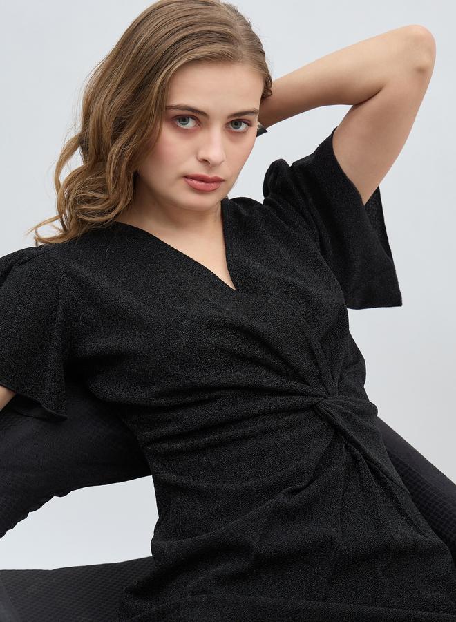 Styli Styli Women Black Shimmer Twist Front Sheath Knee Length Dress with Flared Sleeves  - Image 4