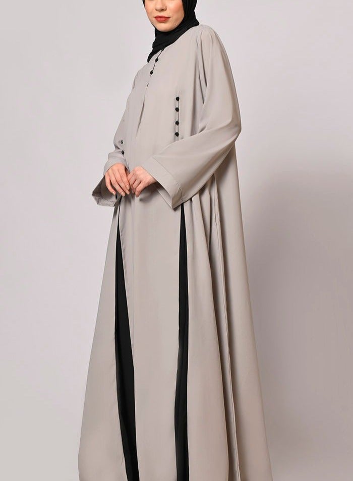 Beige and Black Modest Abaya Dress with Hijab, Beige, Long Sleeved, Full Length  - Image 1