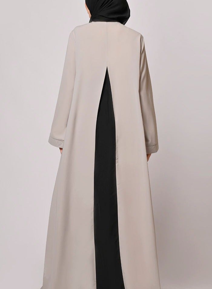 Beige and Black Modest Abaya Dress with Hijab, Beige, Long Sleeved, Full Length  - Image 2