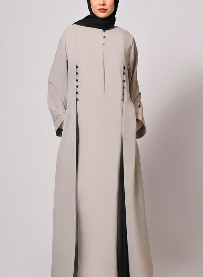 Beige and Black Modest Abaya Dress with Hijab, Beige, Long Sleeved, Full Length  - Image 3
