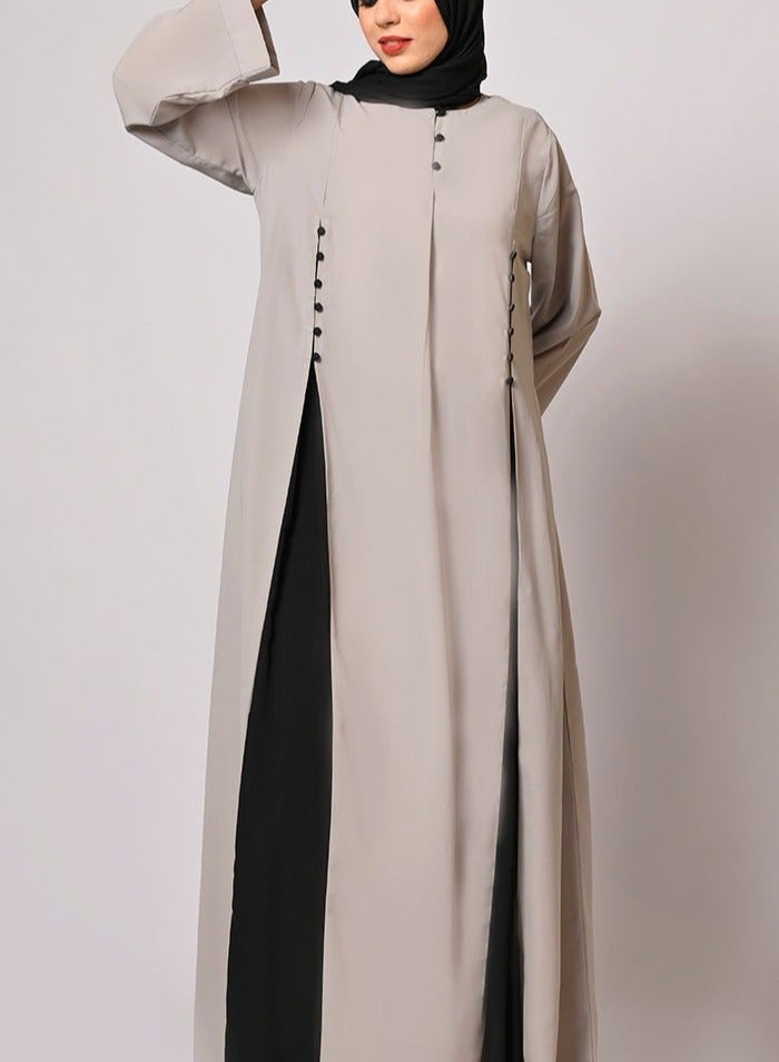 Beige and Black Modest Abaya Dress with Hijab, Beige, Long Sleeved, Full Length  - Image 4