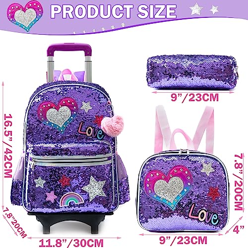 Meetbelify Rolling Backpack for Girls School Backpack with Wheels Kids Sequin Roller Luggage for Elementary Kindergarten Students with Lunch Box Pencil Case for Girls 5-12 Years Old - Image 2