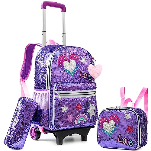 Meetbelify Rolling Backpack for Girls School Backpack with Wheels Kids Sequin Roller Luggage for Elementary Kindergarten Students with Lunch Box Pencil Case for Girls 5-12 Years Old - Image 1