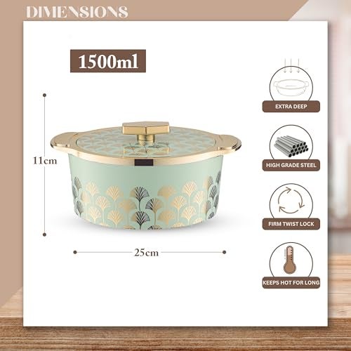 Trueware Floraa Fine Inner Steel Uncoated Casserole, 1500 Ml, Green | PU Insulated | BPA Free | Odor Proof | Food Grade | Easy To Store | Ideal For Chapatti | Roti | Curd Maker | Thermoware | Hot Pot - Image 2