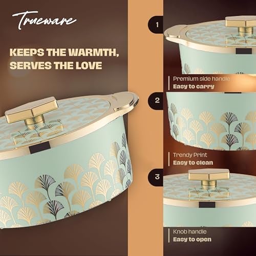 Trueware Floraa Fine Inner Steel Uncoated Casserole, 1500 Ml, Green | PU Insulated | BPA Free | Odor Proof | Food Grade | Easy To Store | Ideal For Chapatti | Roti | Curd Maker | Thermoware | Hot Pot - Image 4
