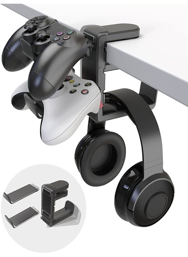 3-in-1 Gaming Headset and Controller Holder, Under Desk Mount with Adjustable Clamp, Rotating Hook, 2 Controller Holders for Gaming Equipment Desk Accessories