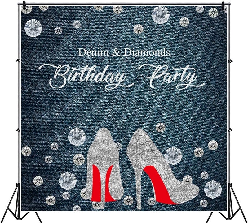 Laeacco 8x8ft Denim and Diamonds Birthday Backdrop Happy Birthday Elegant Crystal Red Heel Bday Decor Jeans Slant Cloth Texture Background for Photo Portraits Woman Birthday Party Banner Wallpaper - Image 3