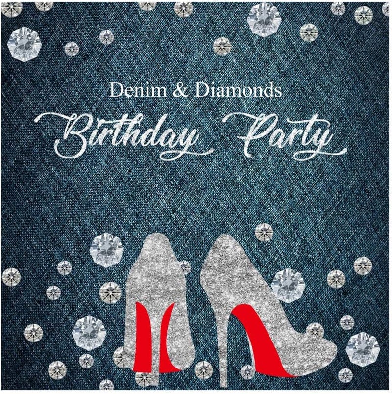Laeacco 8x8ft Denim and Diamonds Birthday Backdrop Happy Birthday Elegant Crystal Red Heel Bday Decor Jeans Slant Cloth Texture Background for Photo Portraits Woman Birthday Party Banner Wallpaper - Image 1