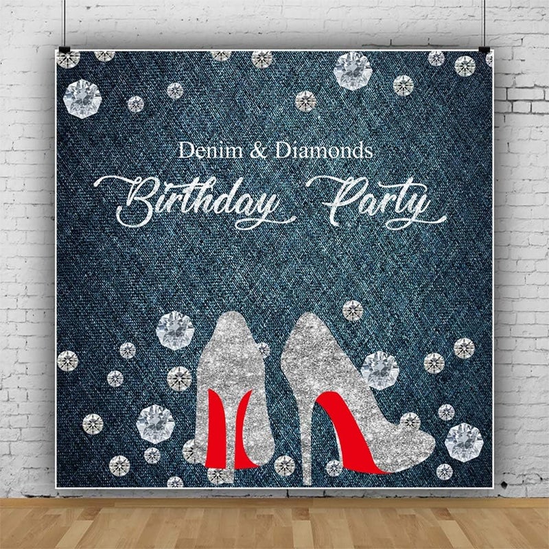 Laeacco 8x8ft Denim and Diamonds Birthday Backdrop Happy Birthday Elegant Crystal Red Heel Bday Decor Jeans Slant Cloth Texture Background for Photo Portraits Woman Birthday Party Banner Wallpaper - Image 2