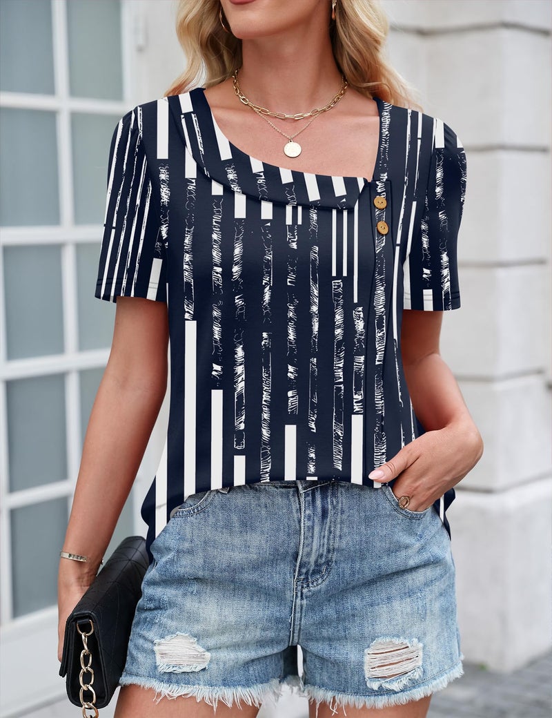 LUYAA Tops for Women Trendy Summer Womens Short Sleeve Blouses Loose Fit Dressy Business Casual Elegant Work Outfits Navy Blue Stripes XL - Image 5