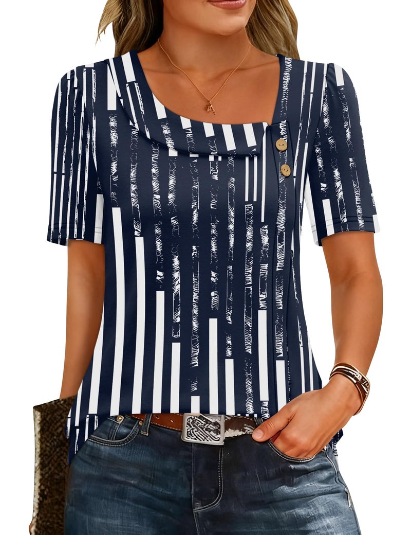 LUYAA Tops for Women Trendy Summer Womens Short Sleeve Blouses Loose Fit Dressy Business Casual Elegant Work Outfits Navy Blue Stripes XL - Image 1